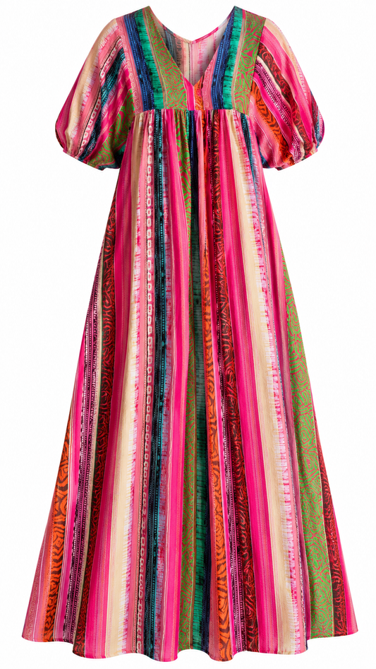 Boho Striped Puff Sleeve Dress