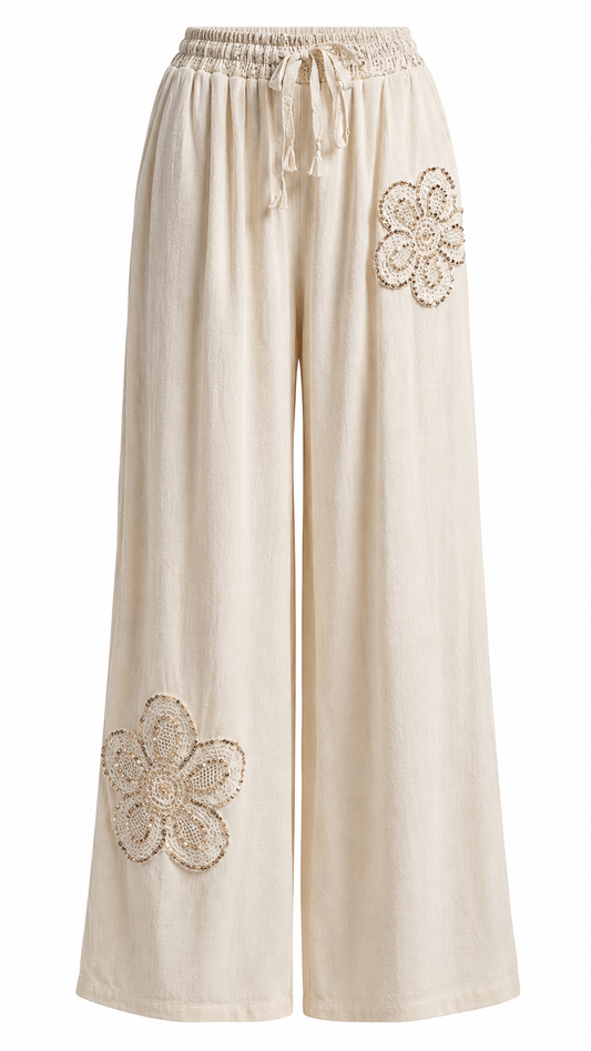 Gold Floral Embellished Wide Leg Pants