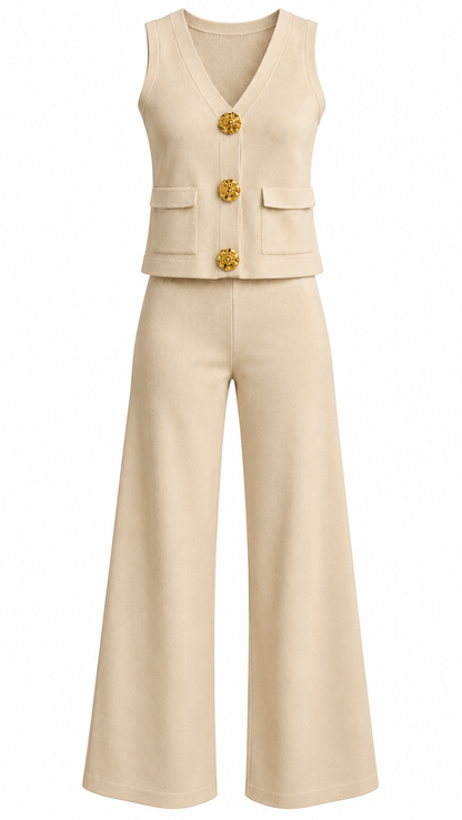 Gold Button Vest & Straight Pants Set