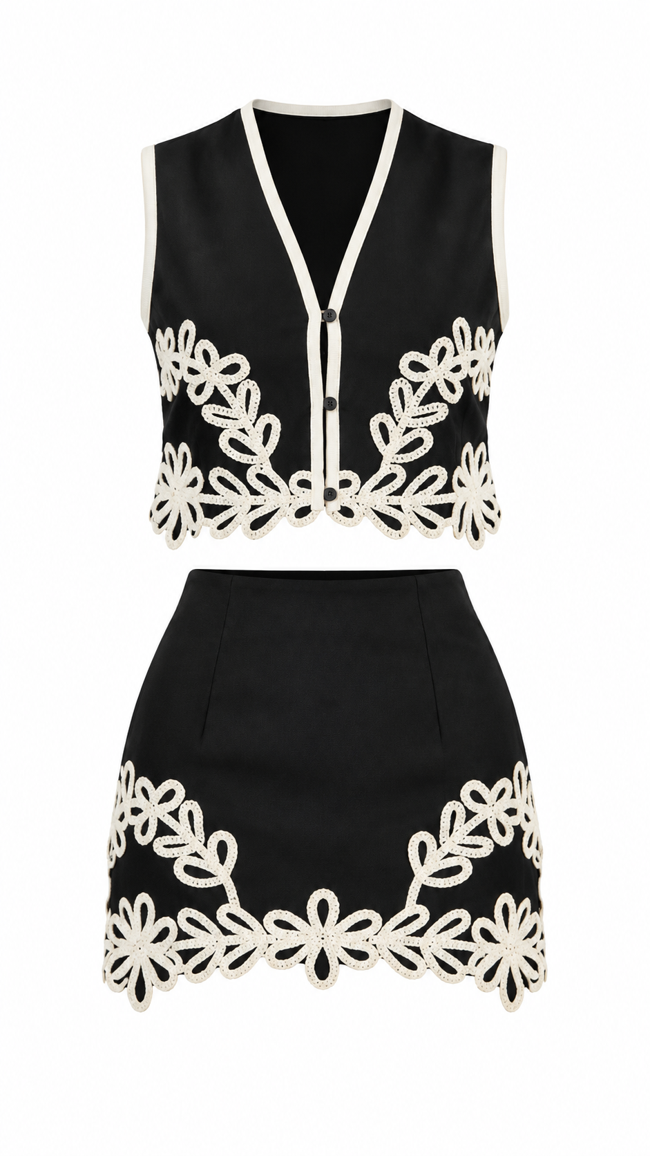 Black & Ivory Floral Embroidered Two-Piece Skirt Set