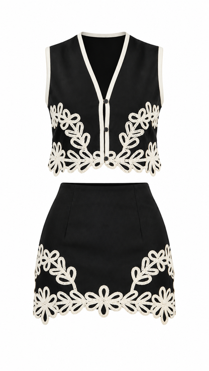 Black & Ivory Floral Embroidered Two-Piece Skirt Set