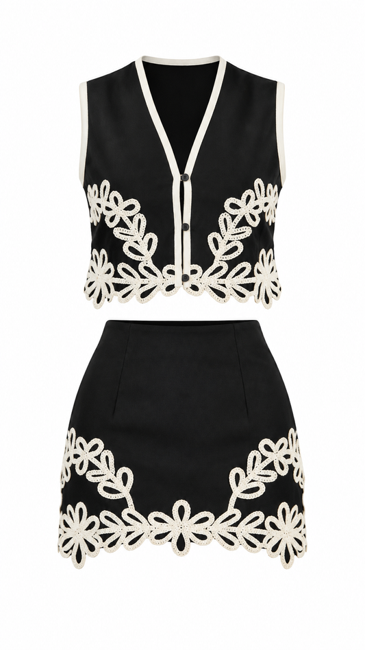 Black & Ivory Floral Embroidered Two-Piece Skirt Set