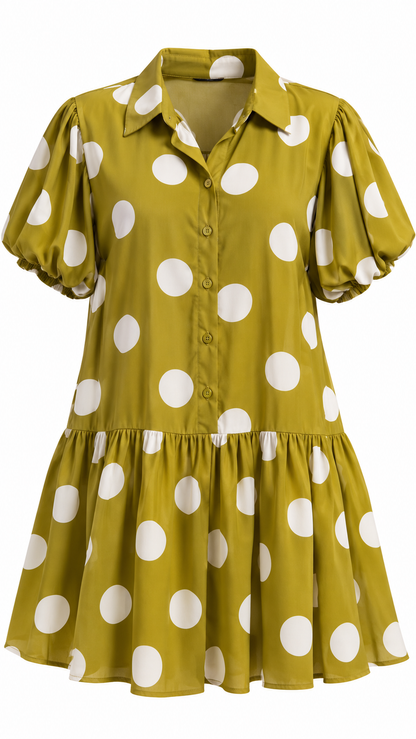 Polka Dot Puff Sleeve Shirt Dress