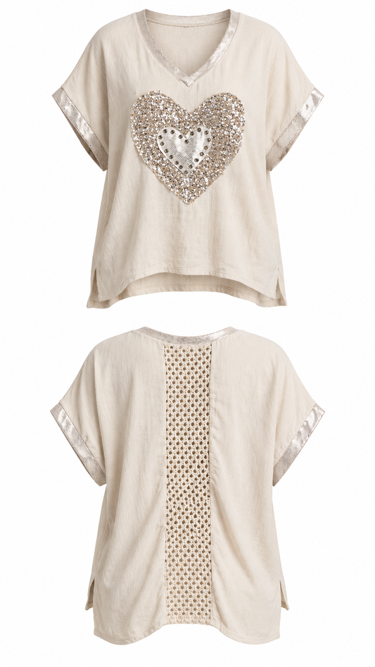 Sparkling Heart Crochet Back Top