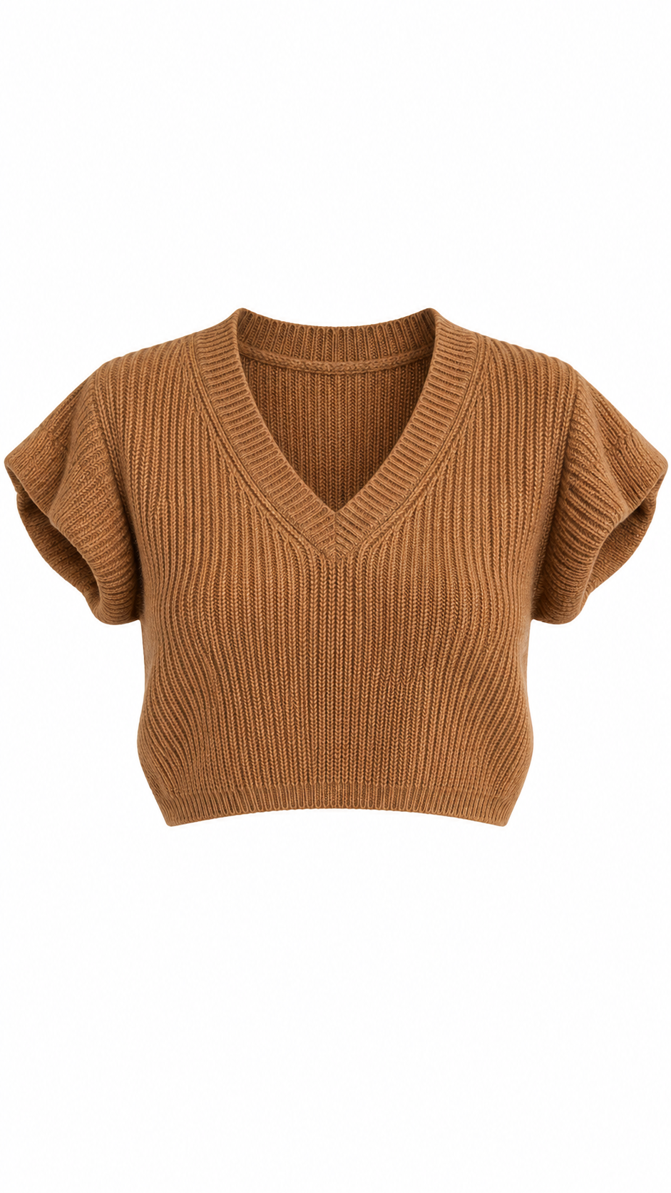 Camel V-Neck Cropped Knit Top