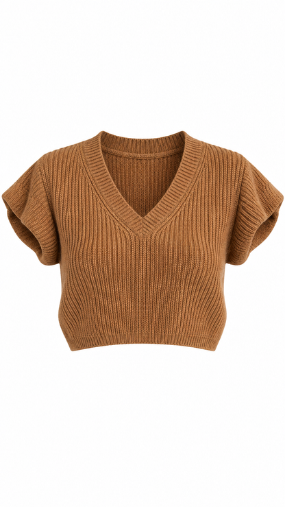 Camel V-Neck Cropped Knit Top