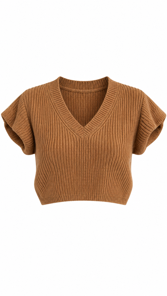 Camel V-Neck Cropped Knit Top