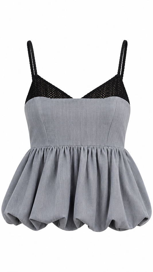 Grey Crochet Detail Bubble Hem Top