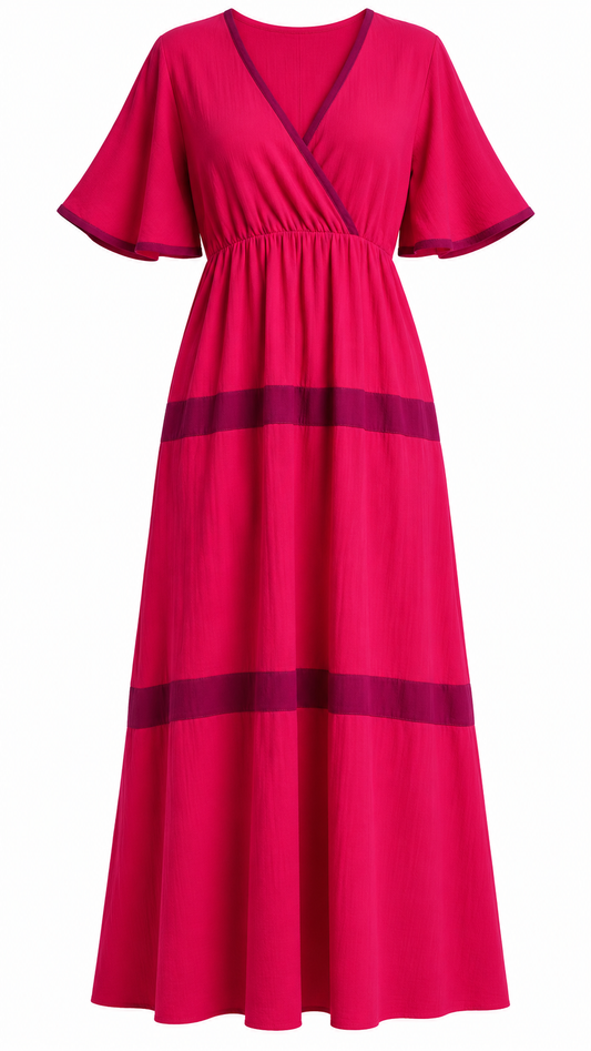 Fuchsia Wrap Front Flutter Sleeve Dress