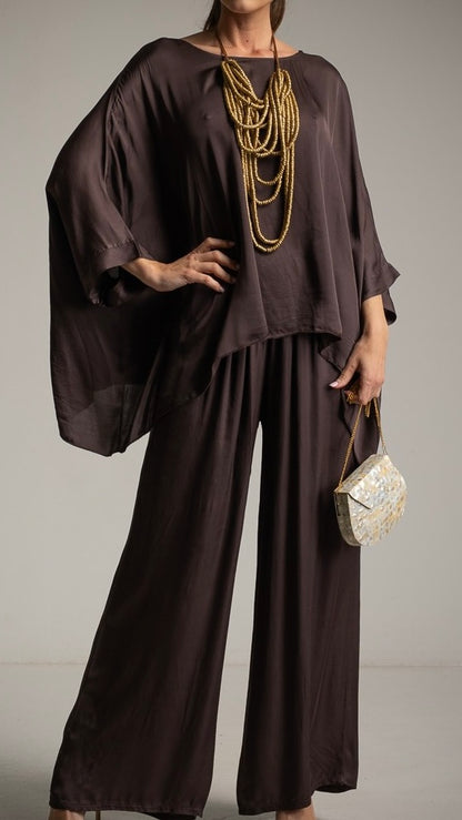 Chocolate Brown Flowy Two-Piece Pants Set
