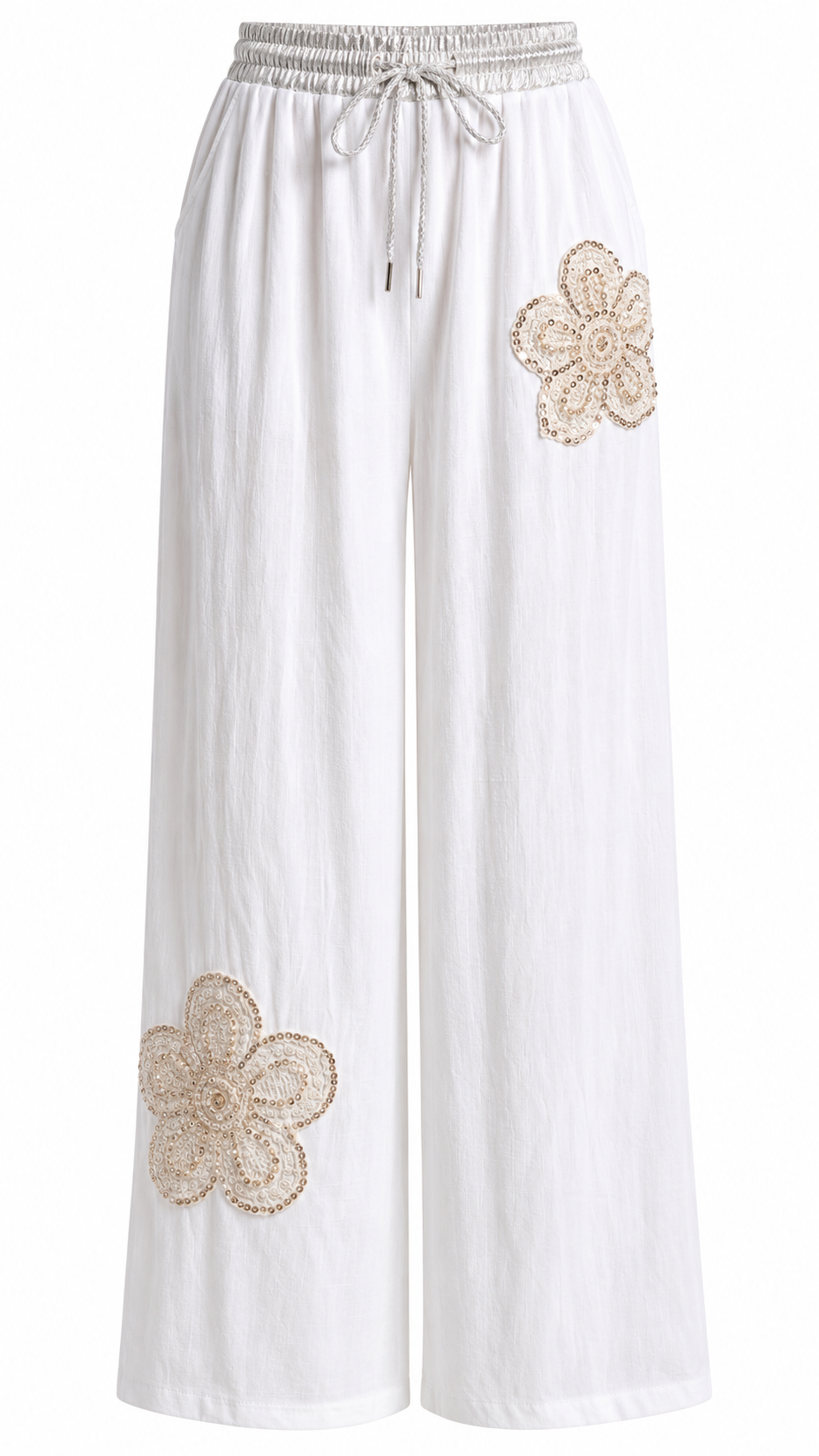 Gold Floral Embellished Wide Leg Pants