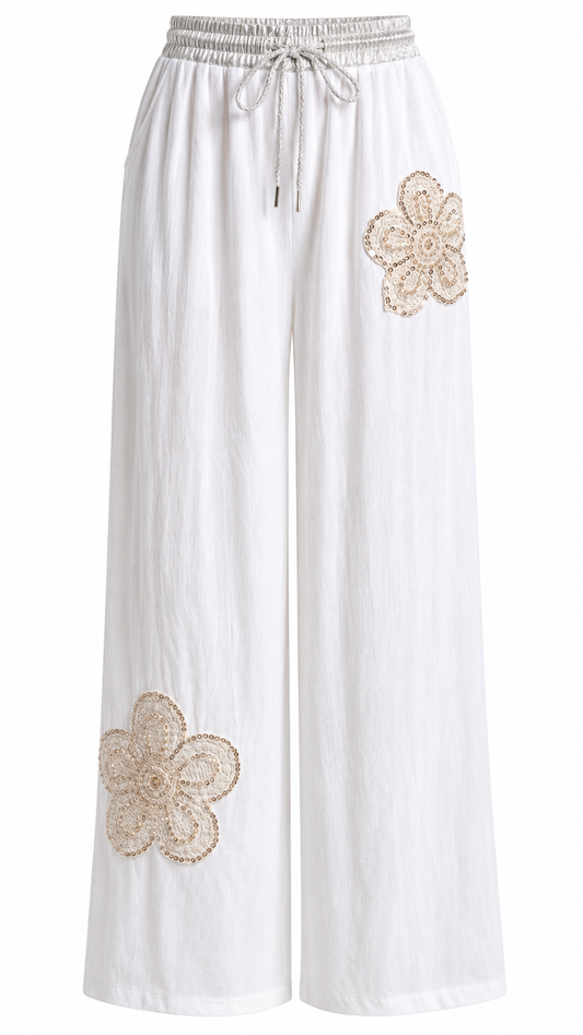 Gold Floral Embellished Wide Leg Pants