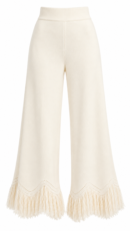 Cream Knit Fringe Hem Pants