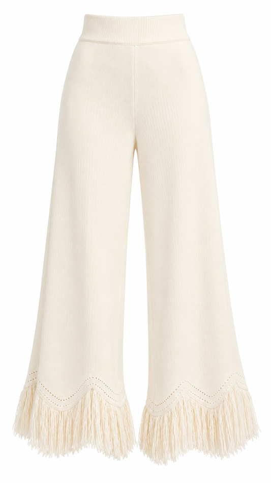 Cream Knit Fringe Hem Pants