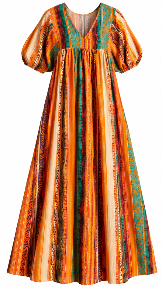 Boho Striped Puff Sleeve Dress