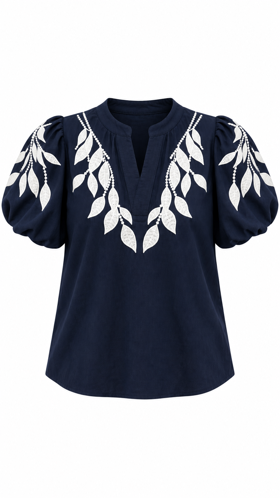 White Leaf Embroidered Puff Sleeve Blouse