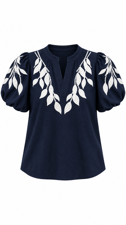 White Leaf Embroidered Puff Sleeve Blouse