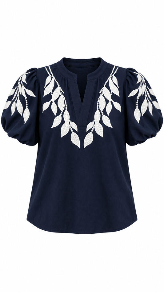 White Leaf Embroidered Puff Sleeve Blouse
