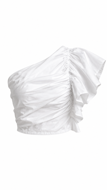 White One Shoulder Ruched Ruffle Top