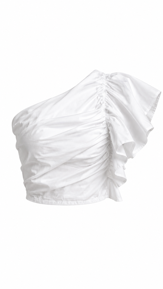 White One Shoulder Ruched Ruffle Top