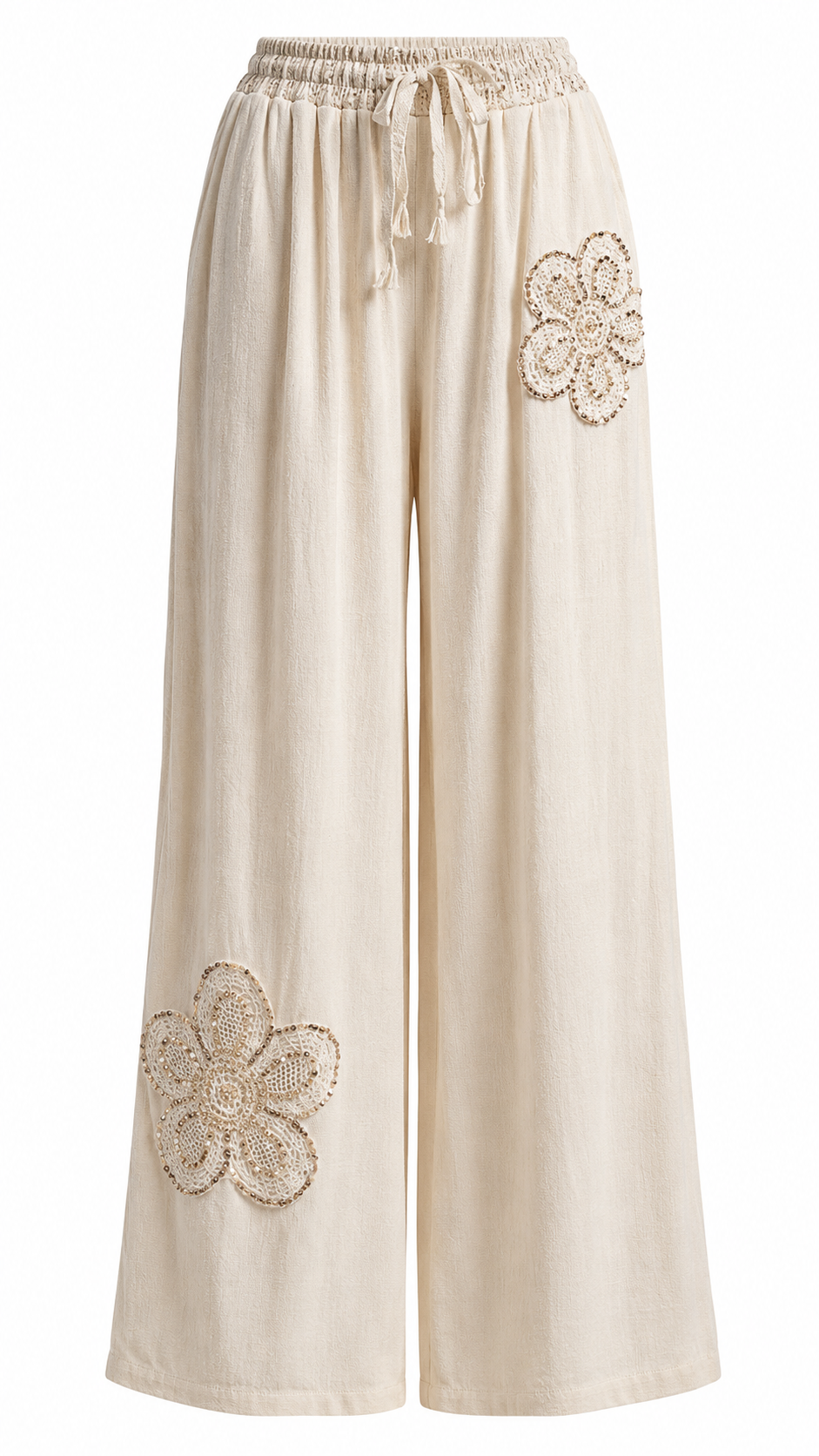 Gold Floral Embellished Wide Leg Pants