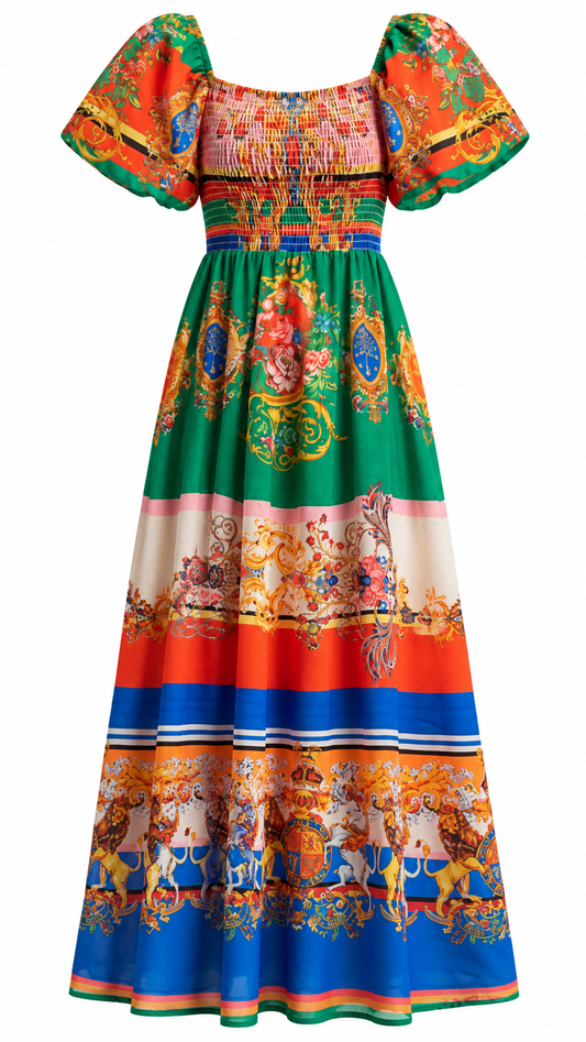 Royal Print Smocked Puff Sleeve Dress