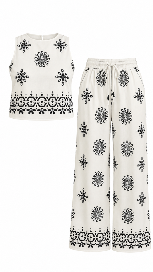 Black & White Geo Print Two-Piece Pants Set