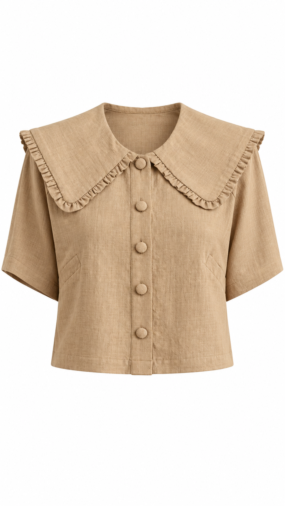 Beige Ruffle Collar Button-Up Top