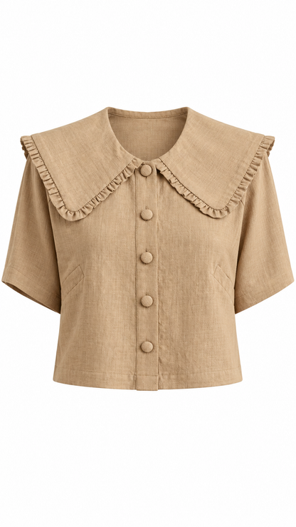 Beige Ruffle Collar Button-Up Top