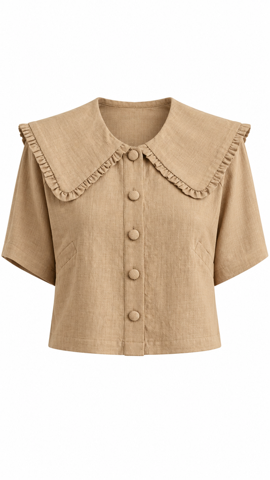 Beige Ruffle Collar Button-Up Top