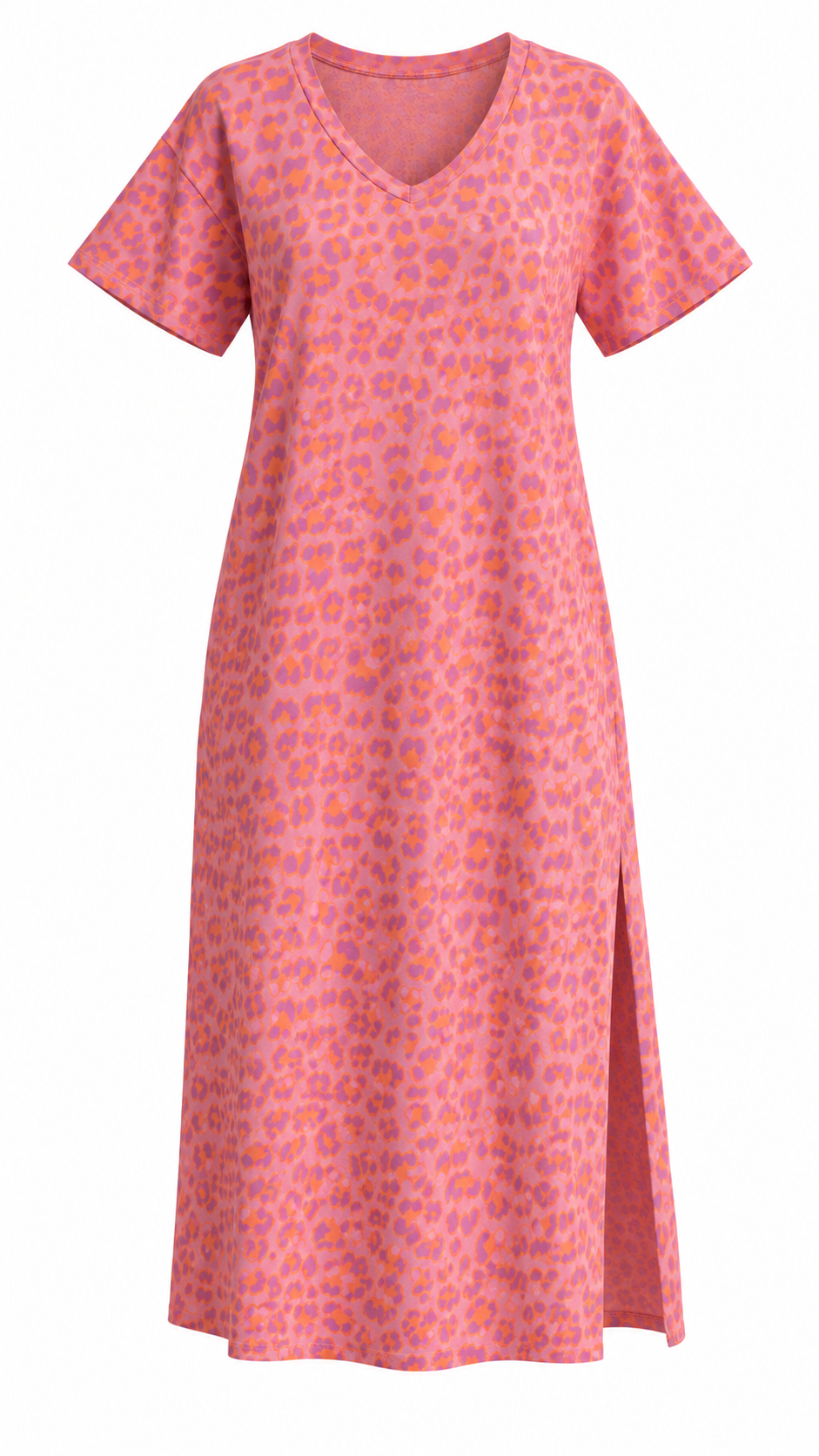Pink Leopard Print V-Neck Midi Dress
