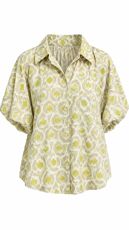 Ikat Print Puff Sleeve Button-Up Top