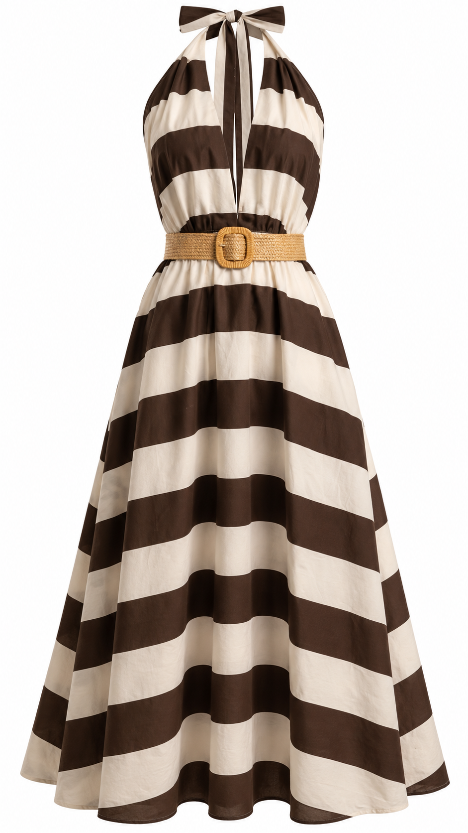 Chocolate Striped Halter Dress with Belt