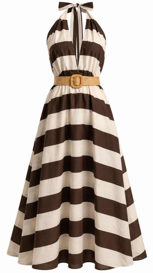 Chocolate Striped Halter Dress with Belt