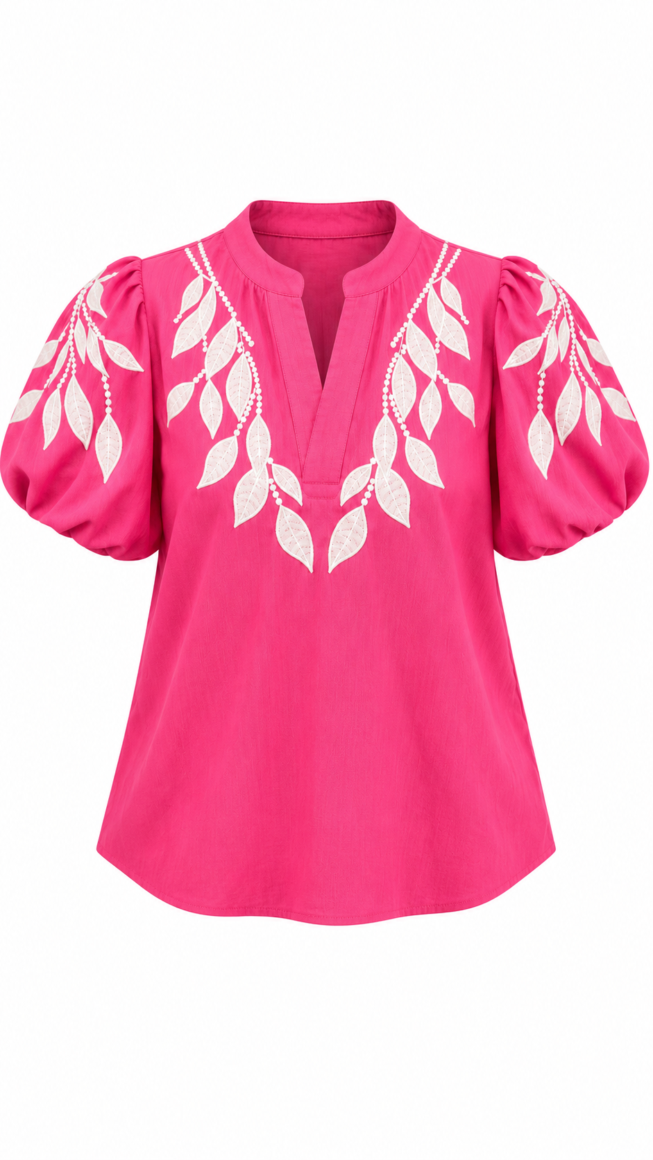 White Leaf Embroidered Puff Sleeve Blouse