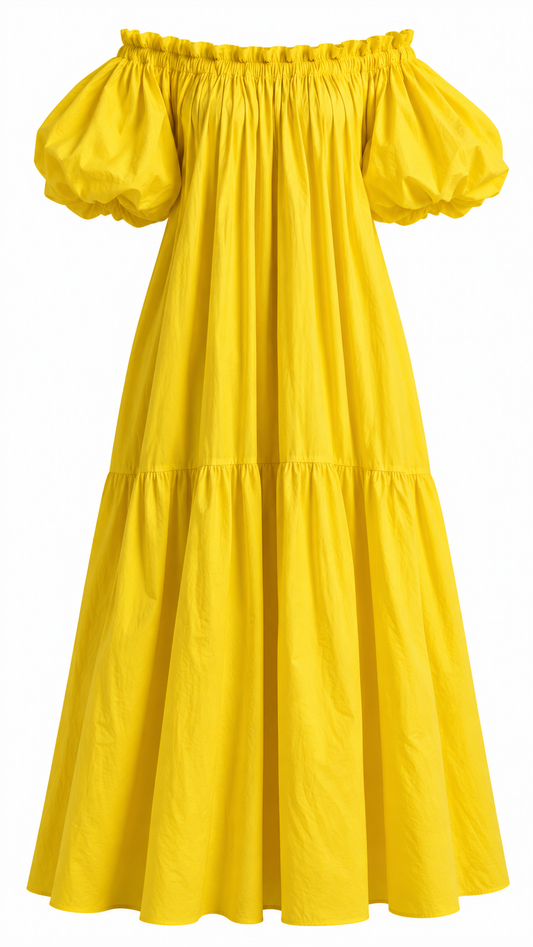Yellow Off Shoulder Puff Sleeve Dress
