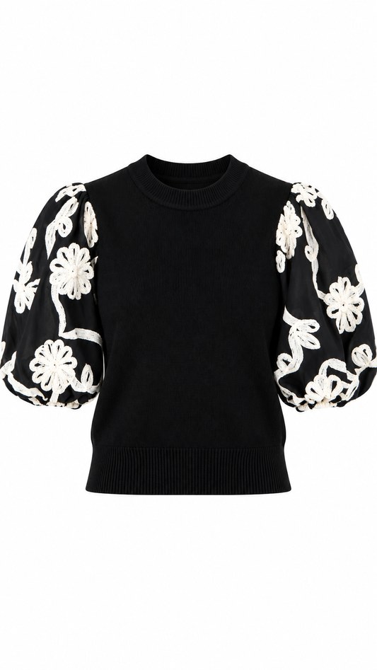 Floral Puff Sleeve Knit Top