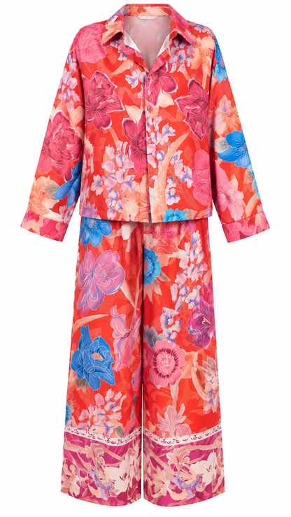 Vibrant Floral Print Wide Leg Pants Set
