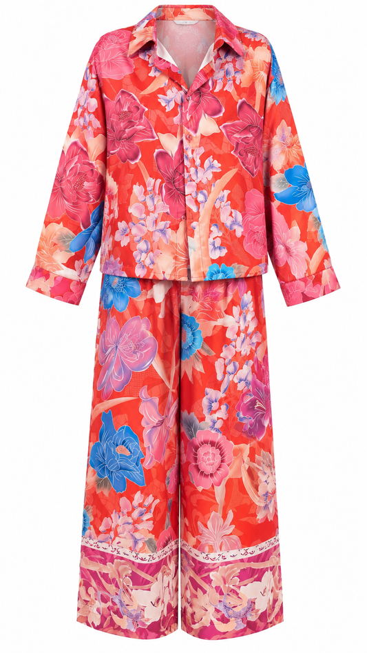 Vibrant Floral Print Wide Leg Pants Set
