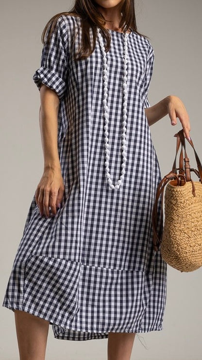 Navy Gingham Tiered Dress