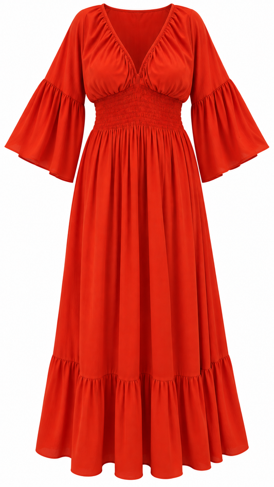 Smocked Waist Bell Sleeve Dress