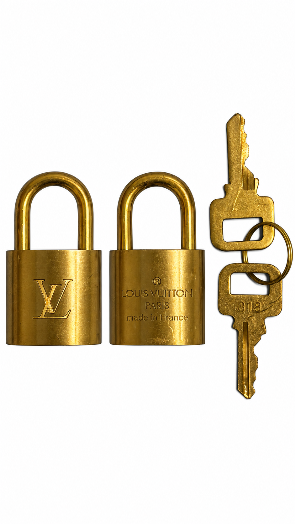 Louis Vuitton Authentic Gold Brass Padlock & 2 Keys No. 318 – Made in France