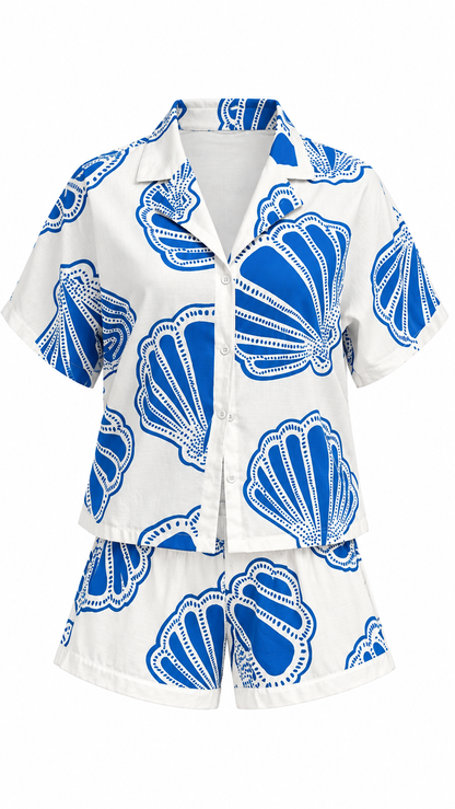 Blue Seashell Print Two-Piece Shorts Set