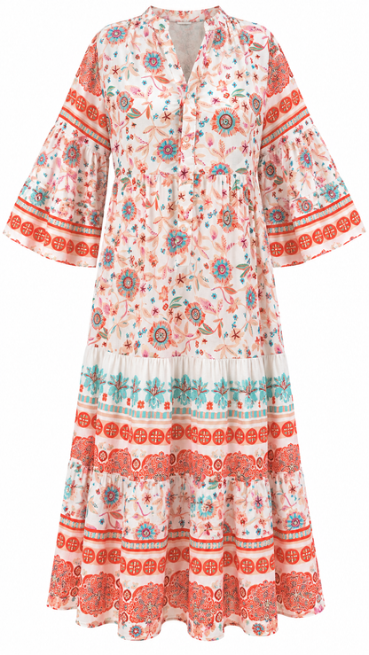 Boho Floral Print Bell Sleeve Midi Dress