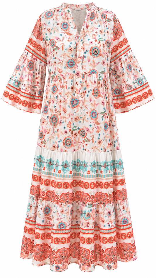 Boho Floral Print Bell Sleeve Midi Dress
