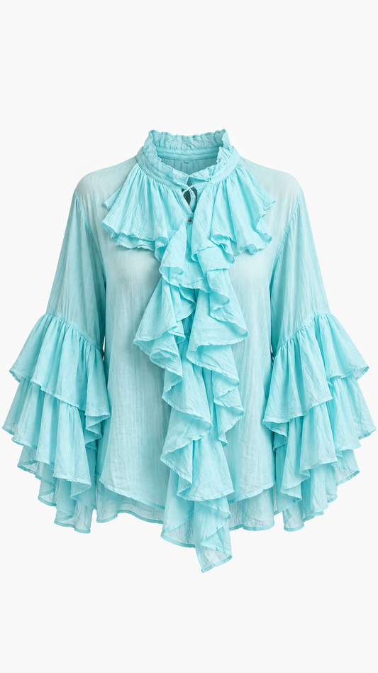 Aqua Blue Ruffle Cascade Blouse