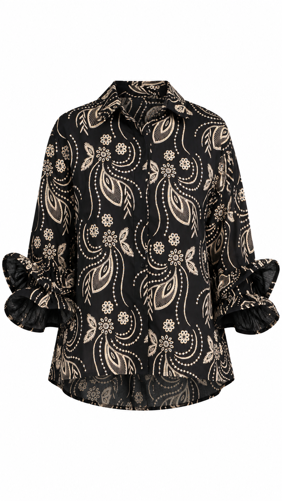 Paisley Ruffle Sleeve Button-Up Top