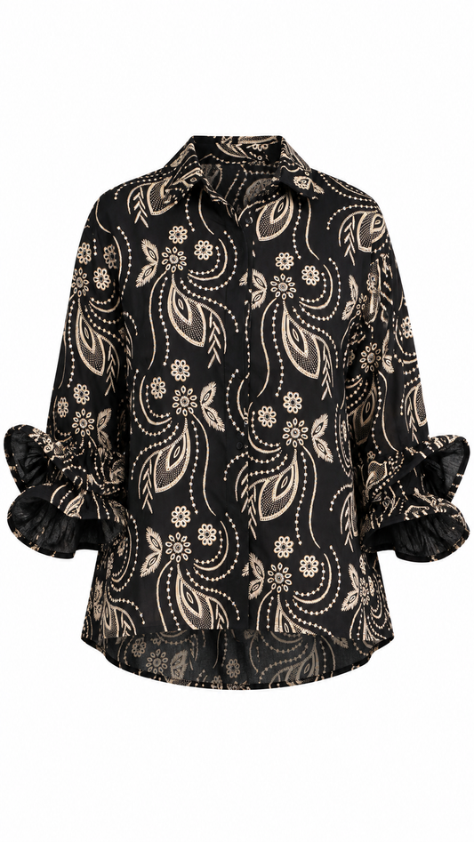 Paisley Ruffle Sleeve Button-Up Top