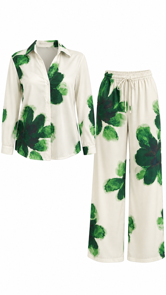Emerald Floral Print Two-Piece Pants Set