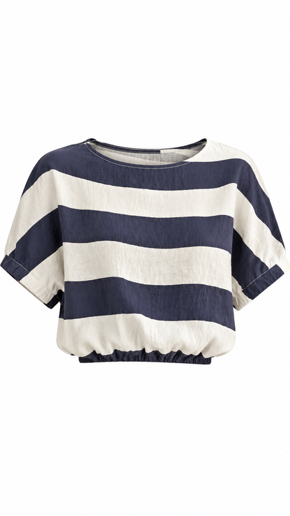 Navy Striped Elastic Hem Top